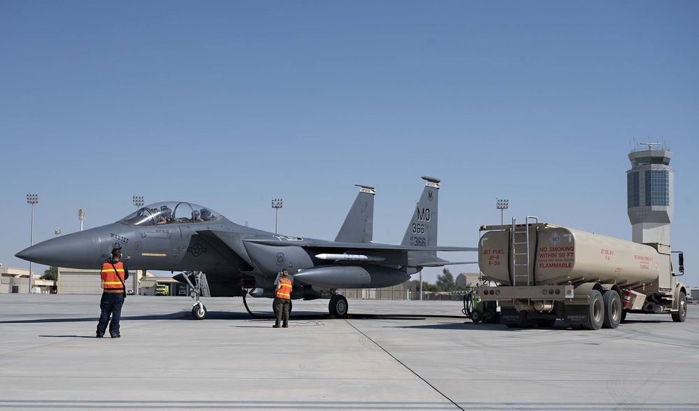 Strike Eagles conduct combat turns at Al Dhafra Air Base