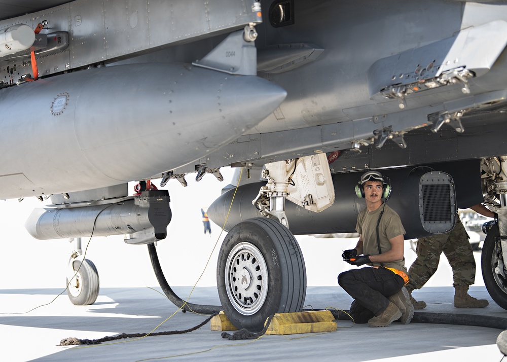 Strike Eagles conduct combat turns at Al Dhafra Air Base