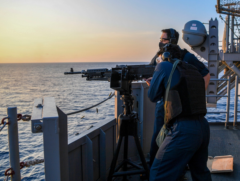 USS America (LHA 6) Sailors participate in gun shoot drill.