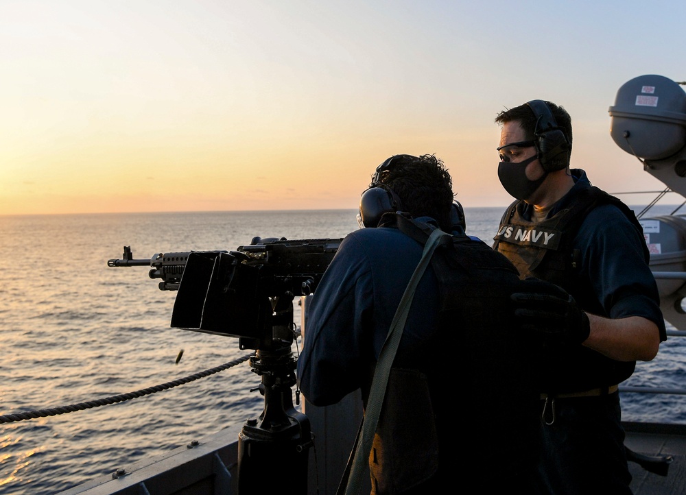 USS America (LHA 6) Sailors participate in gun shoot drill.