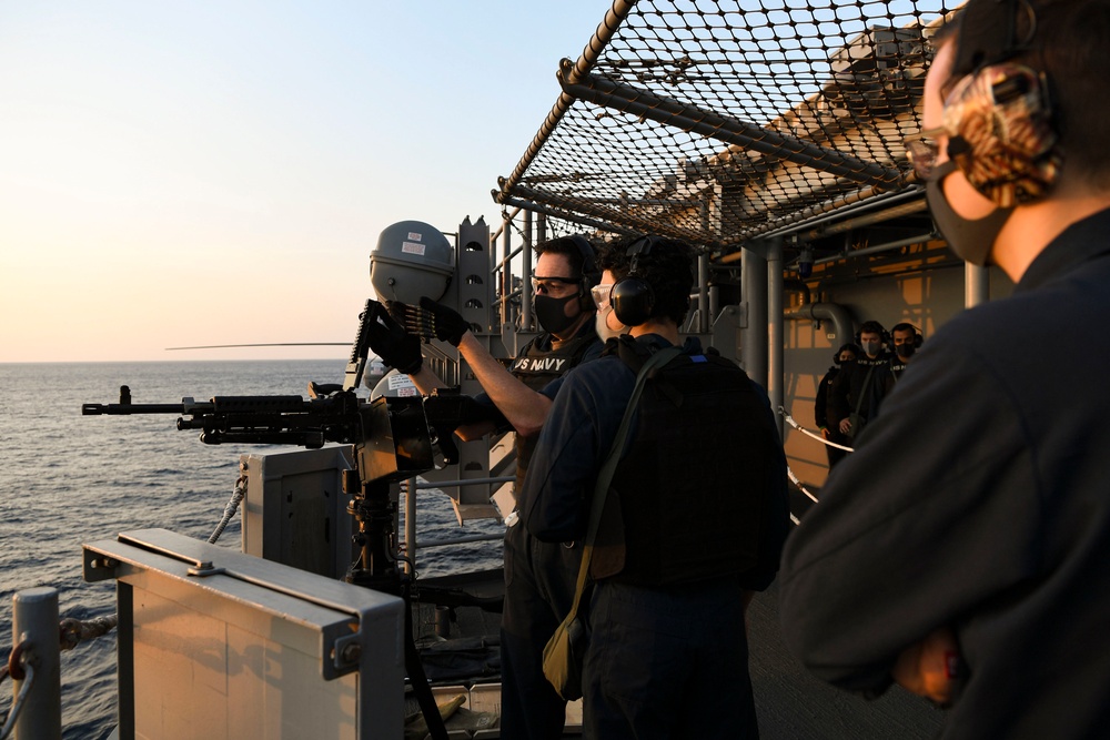 USS America (LHA 6) Sailors participate in gun shoot drill.
