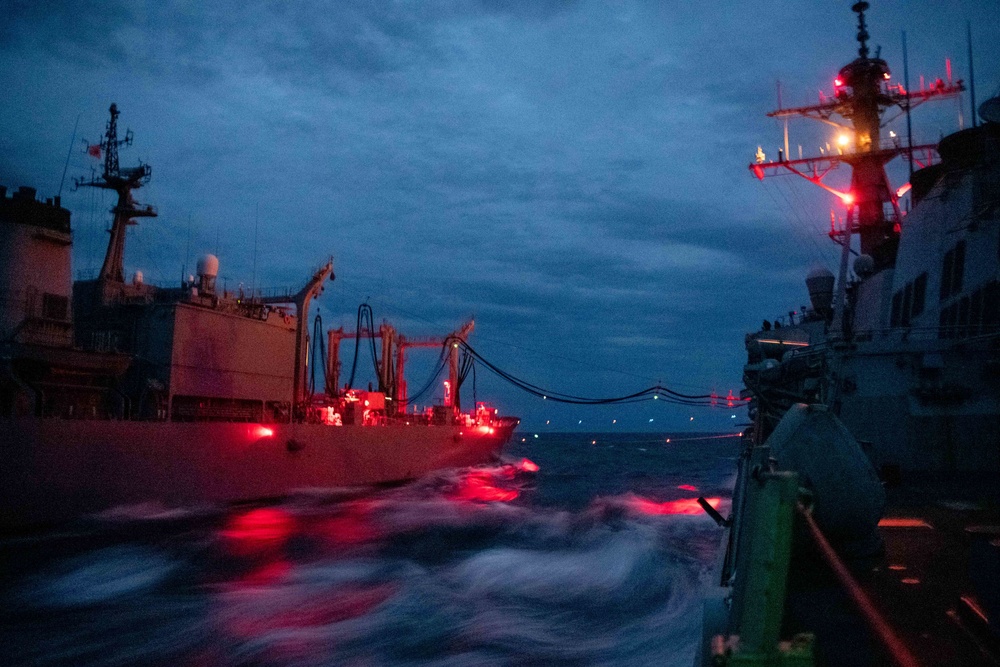 USS BARRY and JMSDF JS TOWADA Night Replenishment at Sea