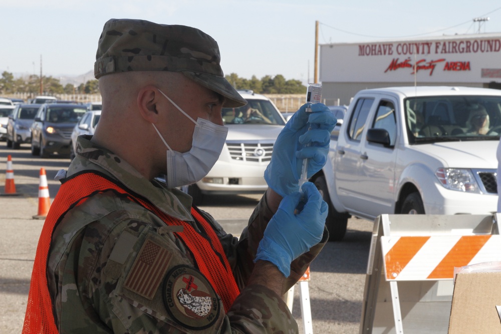Arizona National Guard Medics help support Mohave County Health Department Covid Vaccination Site in Kingman, Ariz.
