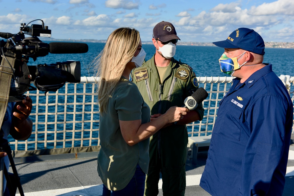 USCGC Stone (WMSL 758) commanding officer talks to media in Brazil