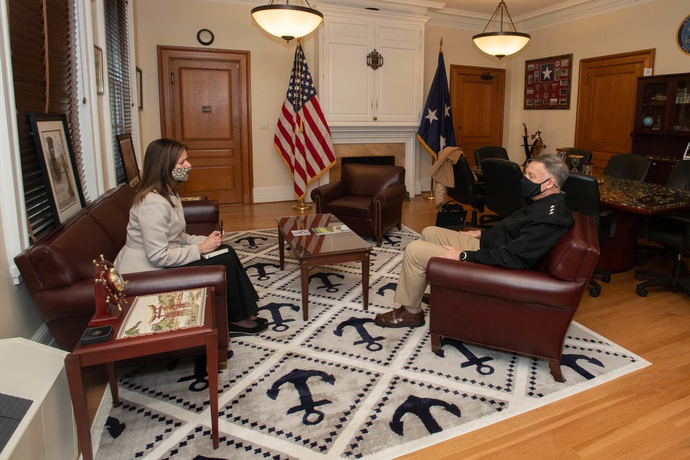 Melissa Cohen, director, Department of the Navy Sexual Assault, Sexual Harassment and Suicide Prevention Office meets with U.S. Naval Academy Superintendent Vice Adm. Sean S. Buck