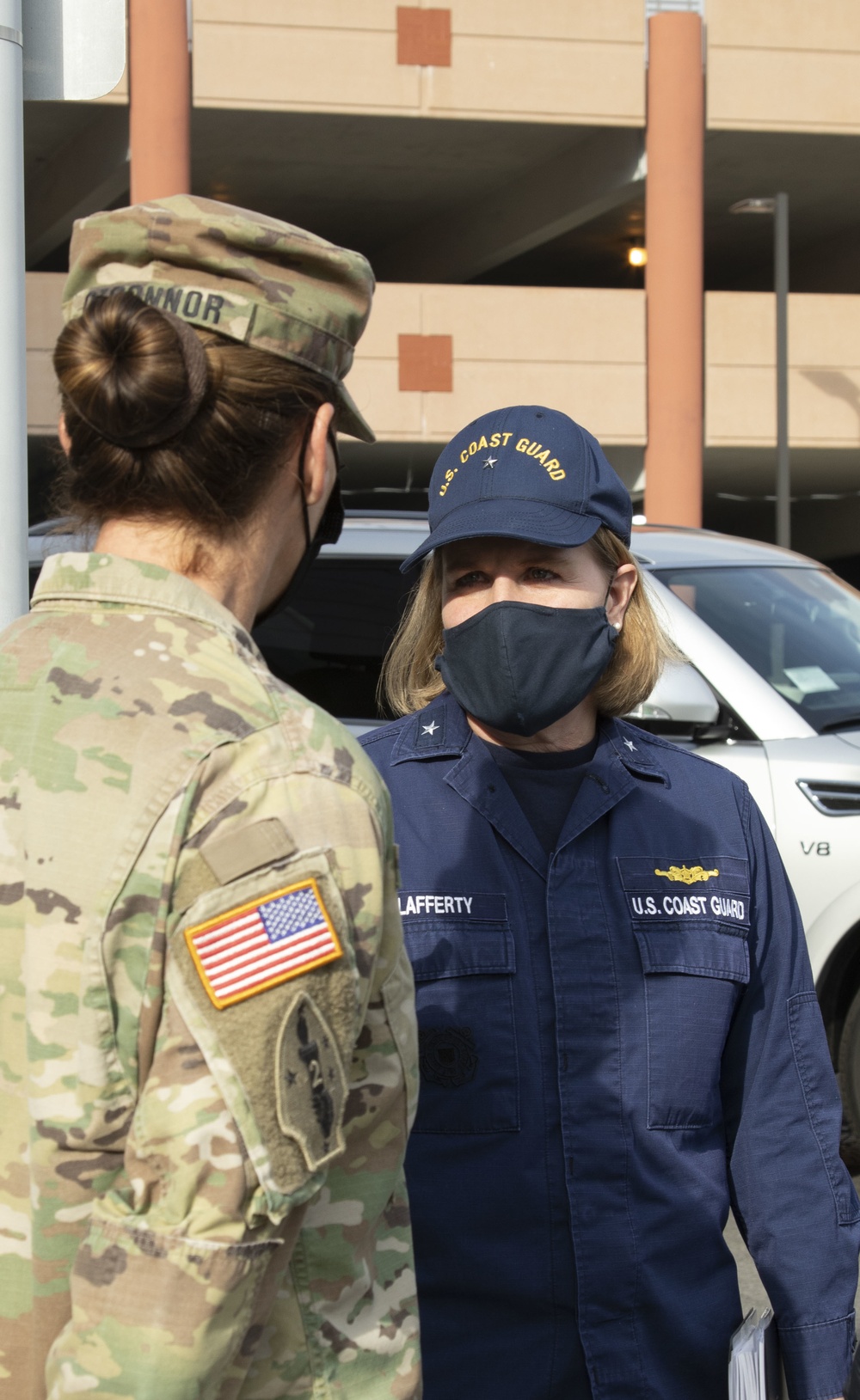 U.S. Coast Guard Rear Adm. Miriam Lafferty, USNORTHCOM Deputy Director of Operations, visits the vaccination site at California State University, Los Angeles