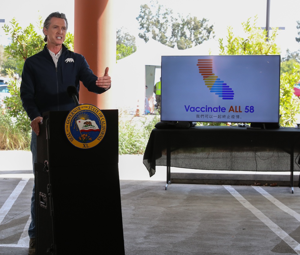 California Governor Gavin Newson gives press conference at Cal Sate LA vaccine site