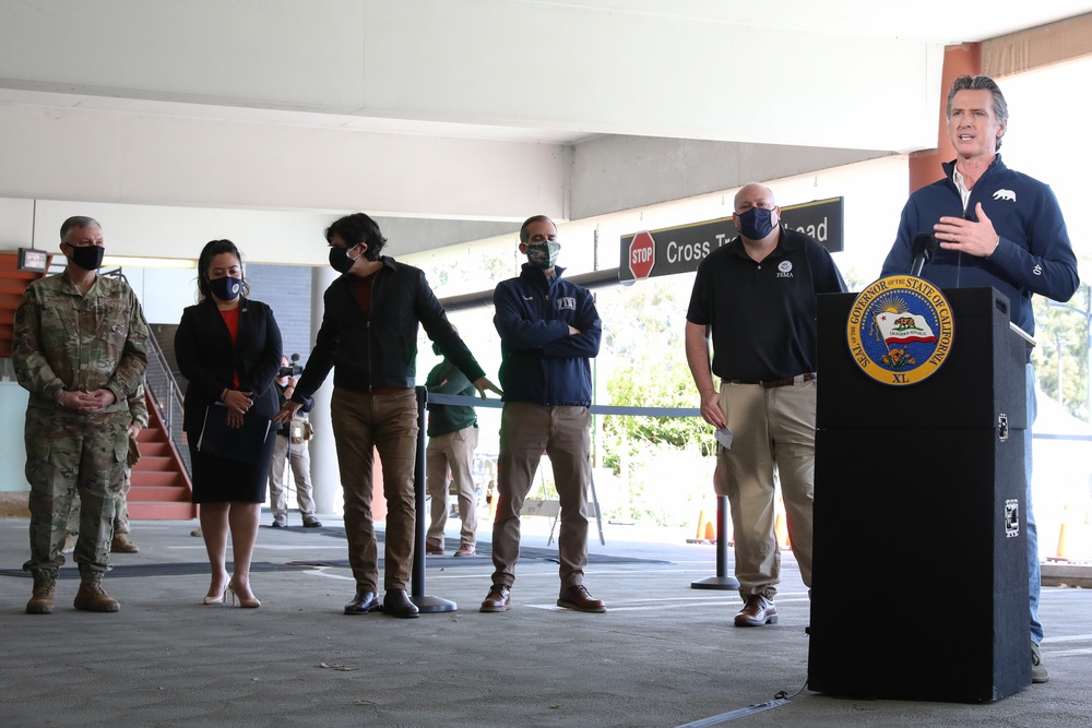 California Governor Gavin Newson at press conference for the vaccination site at Cal State LA
