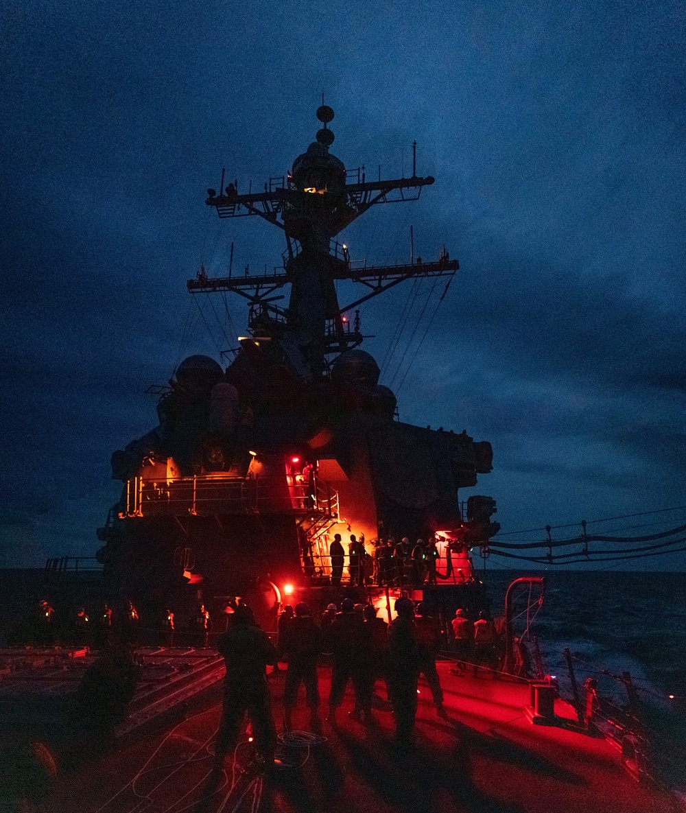 USS BARRY and JMSDF JS TOWADA Night Replenishment at Sea
