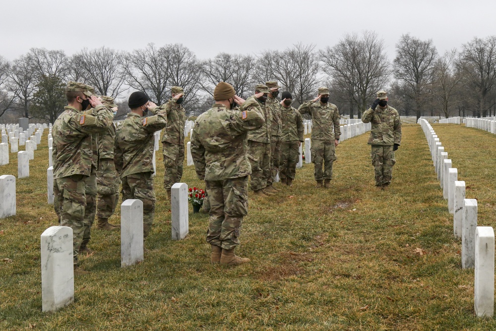 U.S. Army Soldiers with the 172nd Cavalry Regiment, 86th Infantry Brigade Combat Team (Mountain) Vermont Army National Guard, pay their respects at the Arlington National Cemetery in Arlington Virginia, February 16, 2021. The Soldiers are in Washington D.