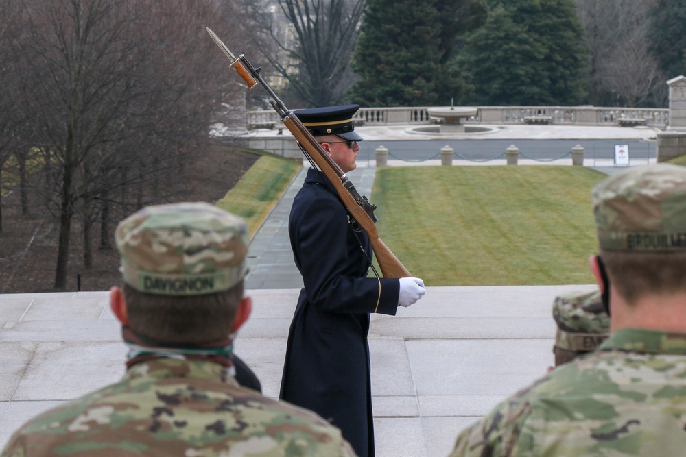 U.S. Army Soldiers with the 172nd Cavalry Regiment, 86th Infantry Brigade Combat Team (Mountain) Vermont Army National Guard, pay their respects at the Arlington National Cemetery in Arlington Virginia, February 16, 2021. The Soldiers are in Washington D.