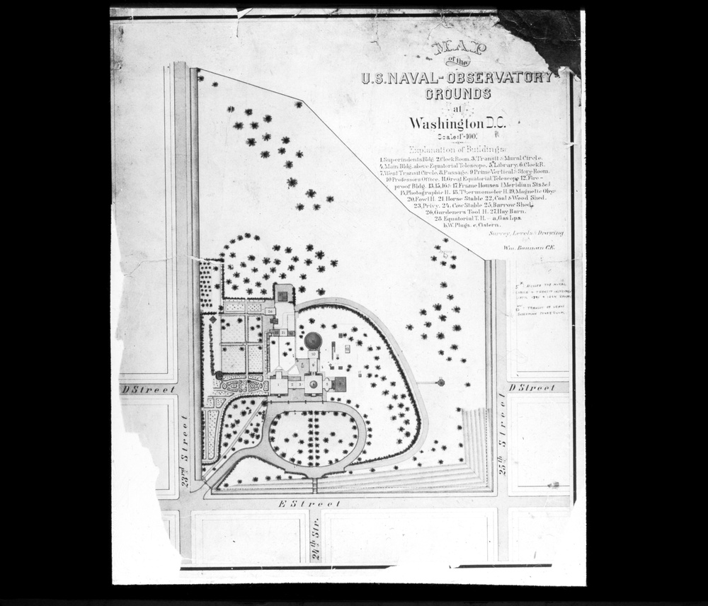 Lantern Slide 32: Map of old U.S. Naval Observatory grounds and buildings.