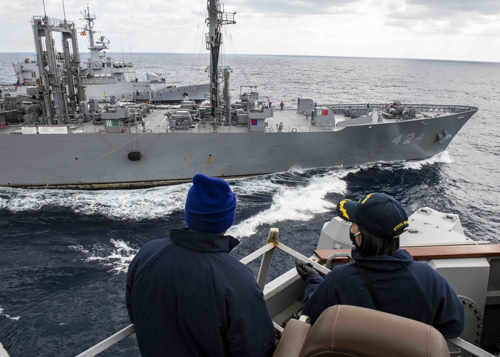USS Curtis Wilbur Conducts Tr-lateral RAS with Japan and France