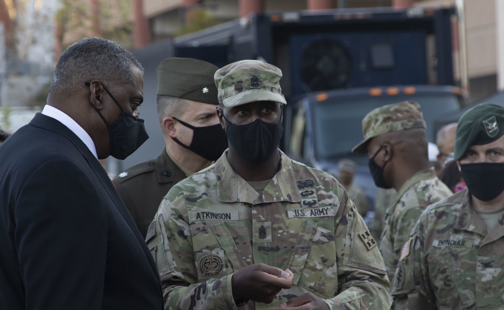 Secretary of Defense Lloyd Austin Visits the COVID Community Vaccination Center at California State University Los Angeles