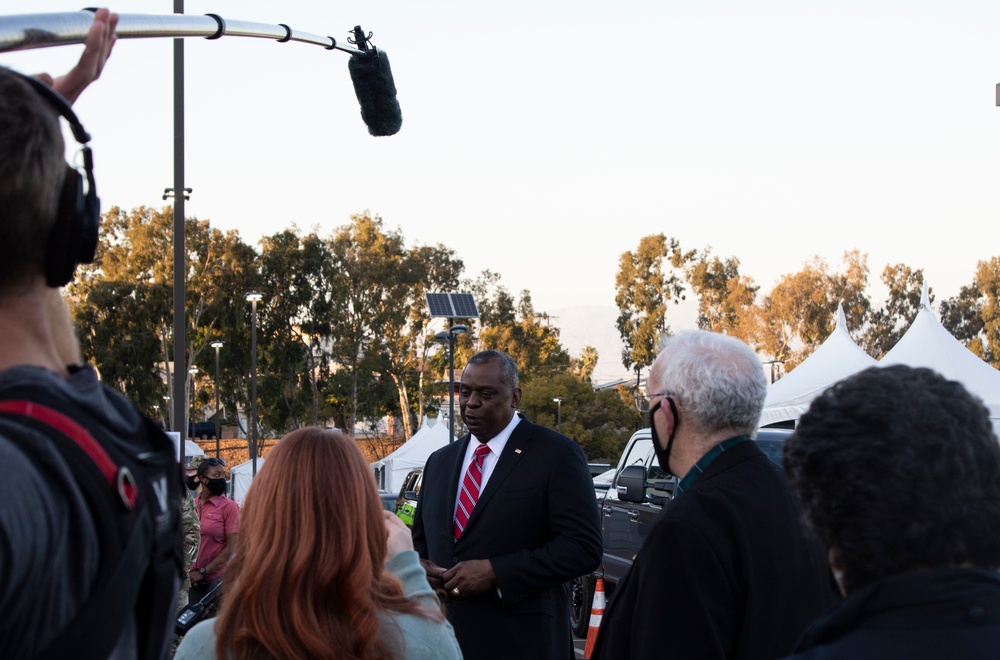 Secretary of Defense Lloyd Austin Visits the COVID-19 Vaccination site at California State University, Los Angeles California