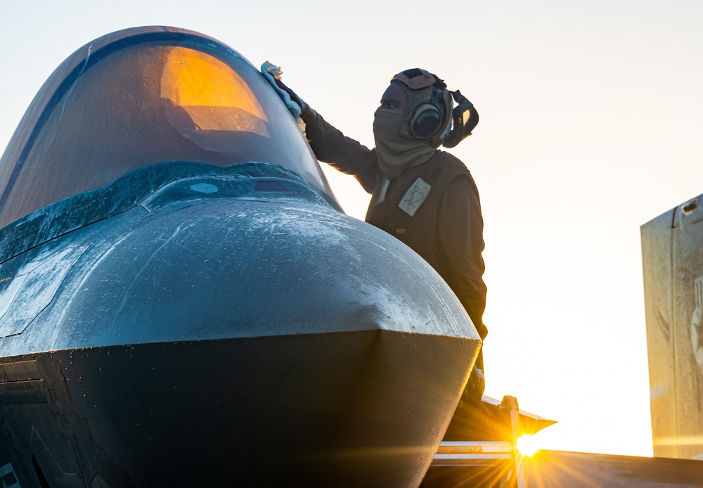 USS Carl Vinson (CVN 70) Sailor Wipes Down an F-35C Lightning II