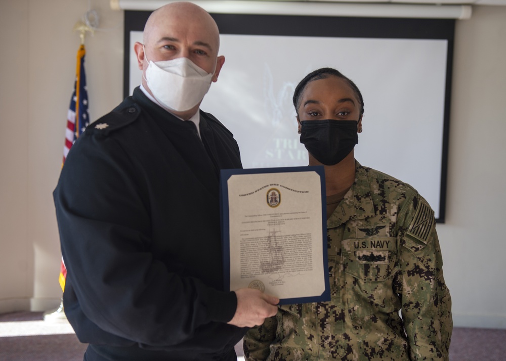 AO2 Jennifer Jordan assigned to USS Constitution, is awarded Sailor of the Quarter