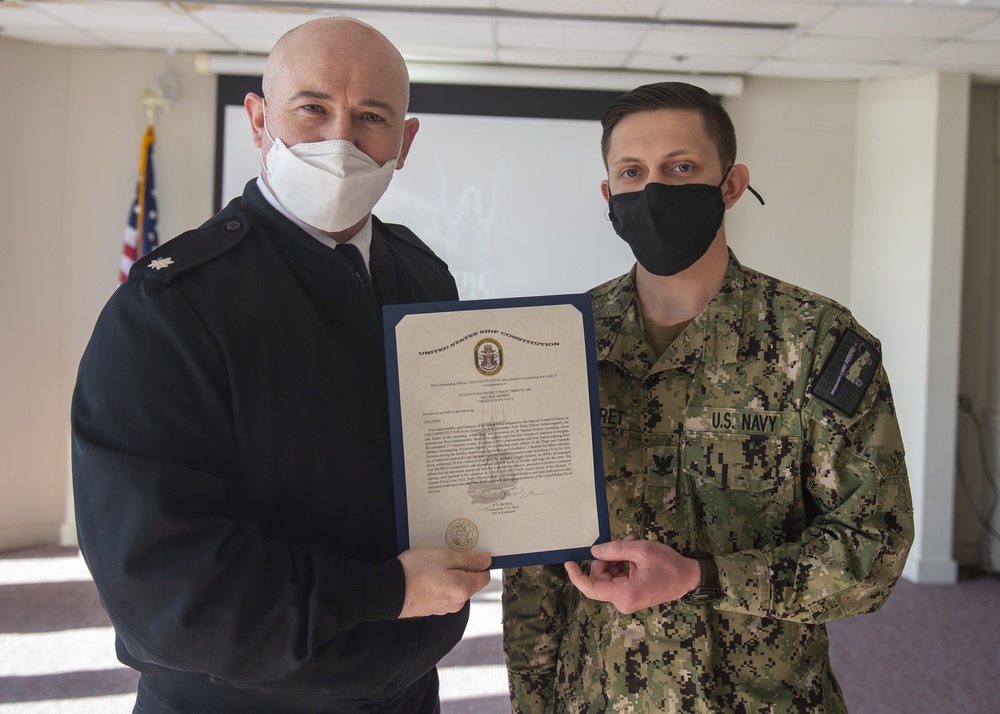 AD3 Jacob Gehret assigned to USS Constitution, is awarded Junior Sailor of the Quarter