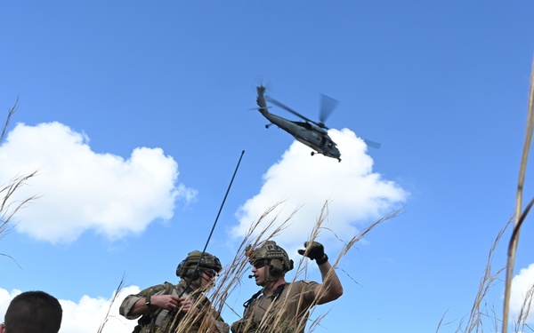 Military personnel in camouflage uniforms are operating in a field with tall dry grass, communicating with or directing a helicopter overhead. Three soldiers are visible, with two standing and one kneeling, appearing to coordinate with the aircraft using radio equipment and hand signals. The scene appears to be a training exercise or tactical operation in an open field near a tree line.