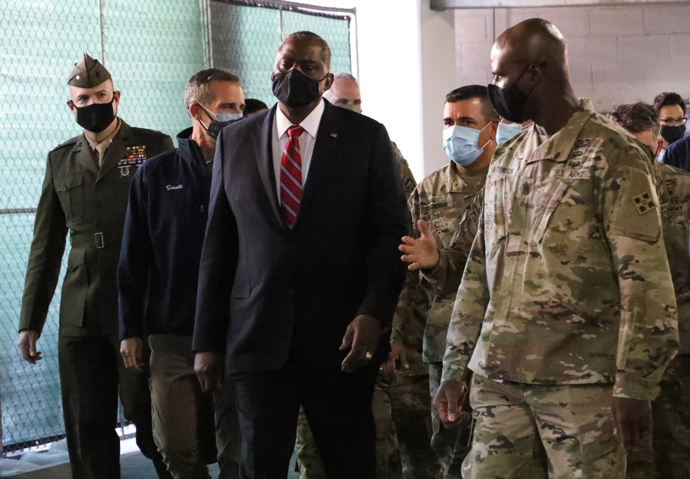 U.S. Secretary of Defense visits COVID-19 vaccine site at Cal State LA