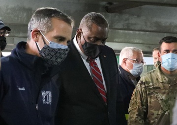 U.S. Secretary of Defense visits COVID-19 vaccine site at Cal State LA