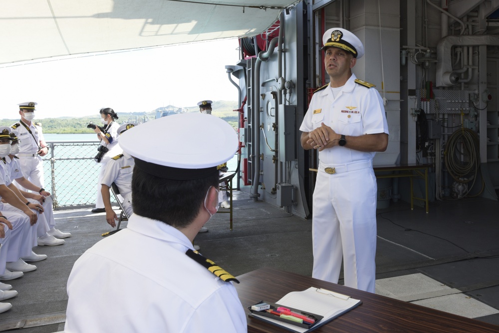 Joint Region Marianas Commander Visits JMSDF Sailors aboard JS Setoyuki (TV-3518) at U.S. Naval Base Guam