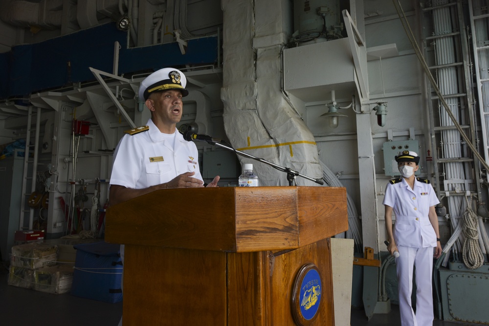 Joint Region Marianas Commander Visits JMSDF Sailors aboard JS Setoyuki (TV-3518) at U.S. Naval Base Guam