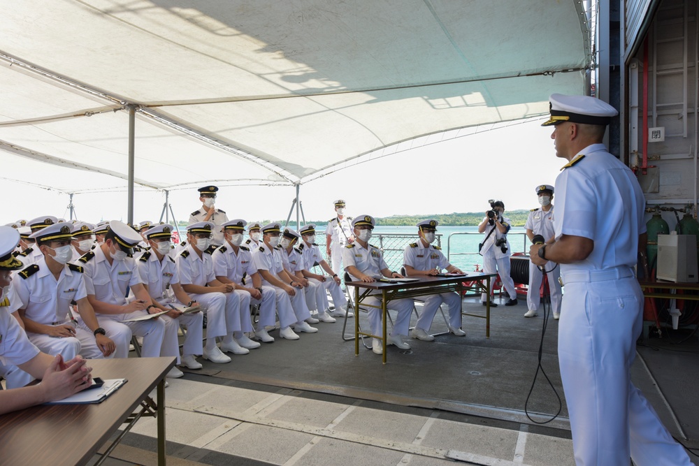 Joint Region Marianas Commander Visits JMSDF Sailors aboard JS Setoyuki (TV-3518) at U.S. Naval Base Guam