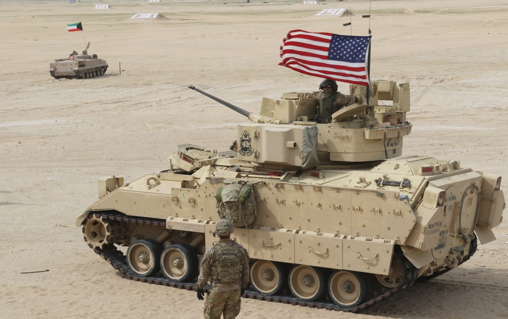 A U.S. Army Bradley, 1st Bn., 35th Armored Reg., participates in exercise, Al Tahreer 21