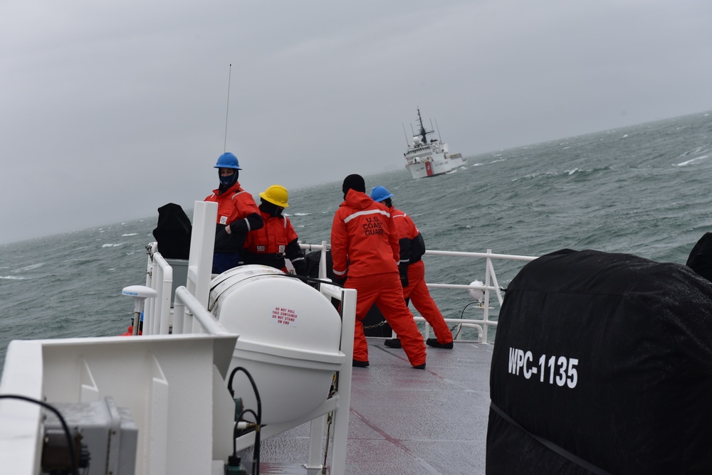 U.S. Coast Guard Cutters Angela McShan and Seneca conduct joint search and rescue drills in the Mid-Atlantic
