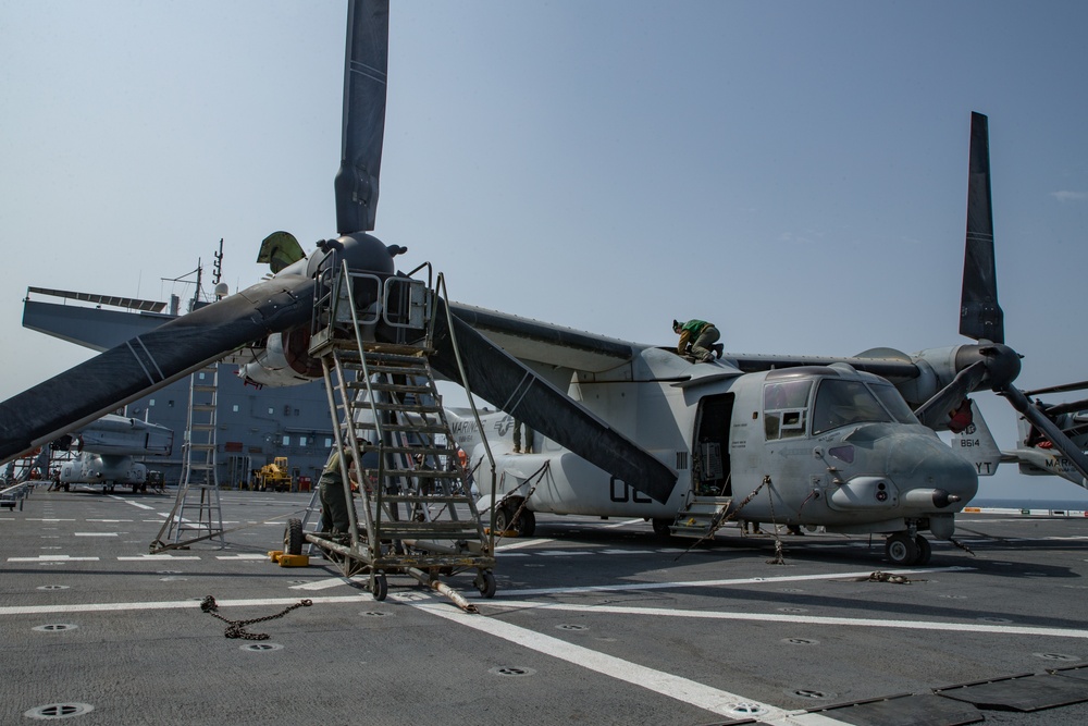 15th MEU Marines conduct MV-22 Osprey maintenance inspection aboard USS Lewis B Puller
