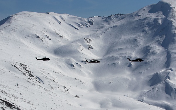 A formation of military helicopters flies in a line across a snow-covered mountainous terrain under a clear blue sky. The helicopters appear as dark silhouettes against the bright white snow-covered slopes. The scene suggests a military training exercise or operational flight in a winter alpine environment.