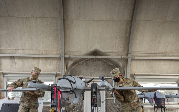 Soldiers from the 3rd Armored Brigade Combat Team, 1st Armored Division, Fort Bliss, Texas conduct pre-flight inspections on the L3Harris FVR-90 unmanned aircraft system