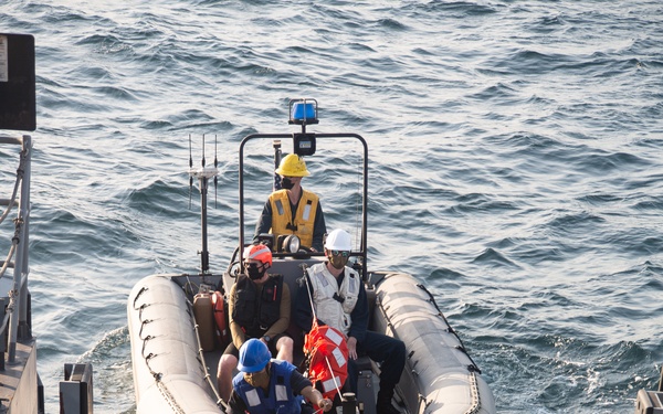 A rigid inflatable boat (RIB) marked with a 'W' logo is approaching or docking at the stern ramp of a naval vessel. Four personnel are aboard the RIB, wearing colored hard hats and face masks, with at least one person in an orange survival suit visible. The scene appears to depict a man-overboard recovery drill or personnel transfer operation.