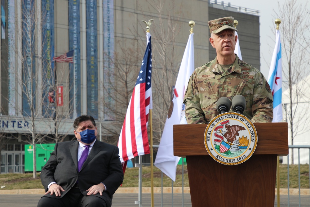 Illinois Adjutant General attends press conference to mark opening of United Center CVC