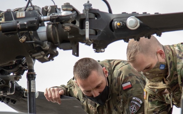 Two military personnel in camouflage uniforms are inspecting or performing maintenance on a helicopter, focusing on the rotor hub and mechanical components. One individual wears a Polish flag patch and a NATO emblem patch, while the other wears what appears to be a US Army patch, suggesting a joint NATO exercise or cooperation. Both are leaning over the aircraft's upper fuselage area examining mechanical systems.