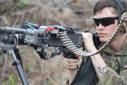 Gunner with 1BCT 82nd DIV wearing shaded eye protection fires his M249