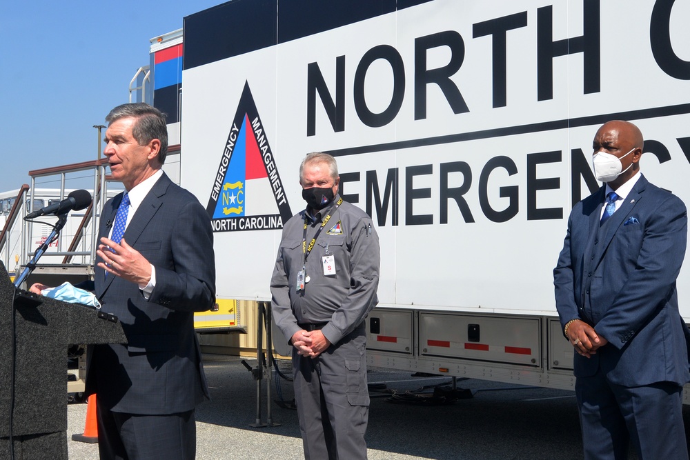 NC Governor Meets NC Guard Soldiers Deployed To Greensboro COVID-19 Vaccination Center