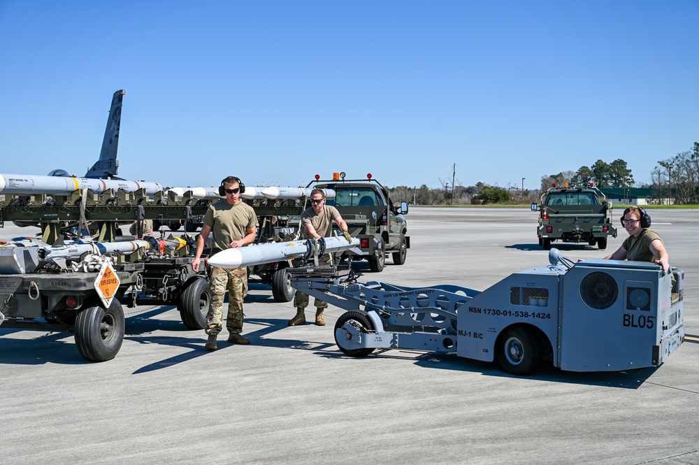 South Dakota Air Guardsmen load munitions on F-16s