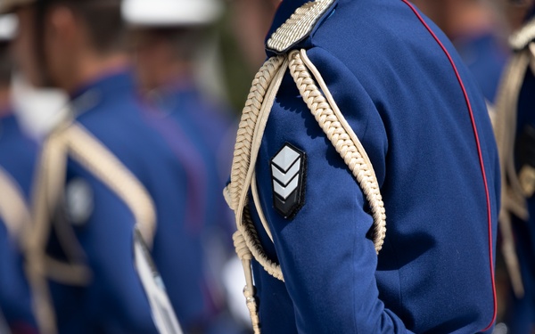 The image shows a group of military or ceremonial guard personnel in formal dress uniforms during what appears to be a parade or official ceremony. The foreground subject is in sharp focus, wearing a blue uniform with gold aiguillettes, rank chevrons, white gloves, and carrying a ceremonial sword. The background shows additional uniformed personnel in a similar formation, rendered in soft focus.