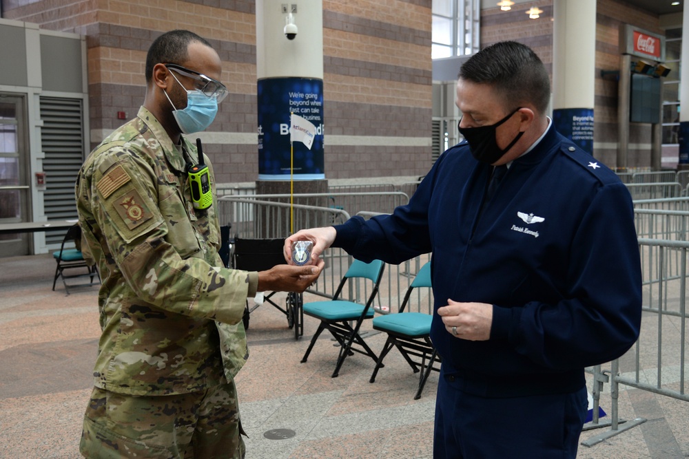 Assistant Adjutant General-Air, New Jersey National Guard, visits with NJ Airmen supporting the COVID-19 Atlantic County Vaccination Mega-Site in Atlantic City, N.J.