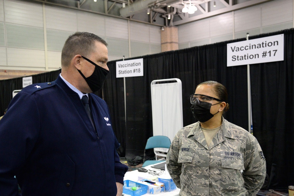 Assistant Adjutant General-Air, New Jersey National Guard, visits with NJ Airmen supporting the COVID-19 Atlantic County Vaccination Mega-Site in Atlantic City, N.J.