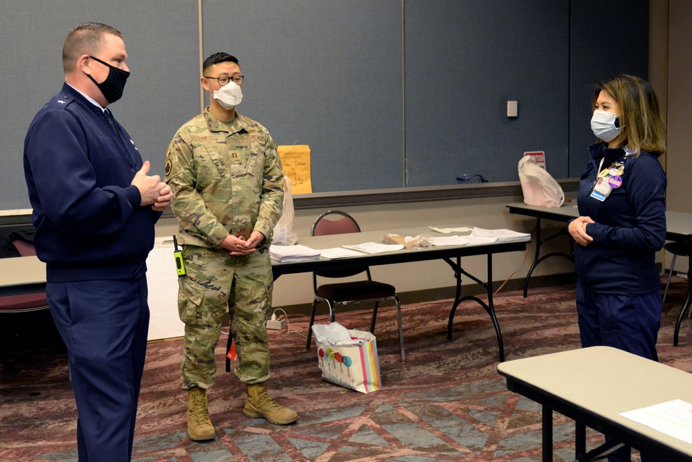 Assistant Adjutant General-Air, New Jersey National Guard, visits with NJ Airmen supporting the COVID-19 Atlantic County Vaccination Mega-Site in Atlantic City, N.J.