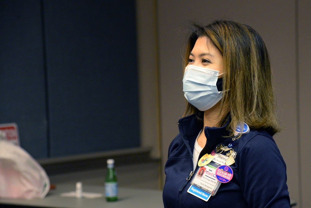 Assistant Adjutant General-Air, New Jersey National Guard, visits with NJ Airmen supporting the COVID-19 Atlantic County Vaccination Mega-Site in Atlantic City, N.J.