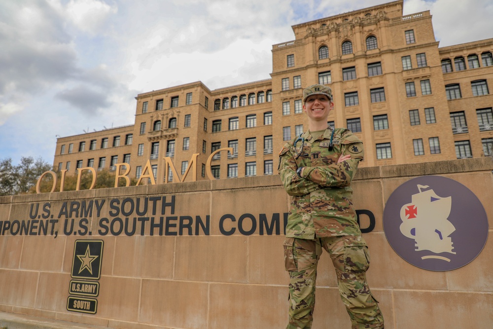 Capt. Meier stands in front of Army South HQ