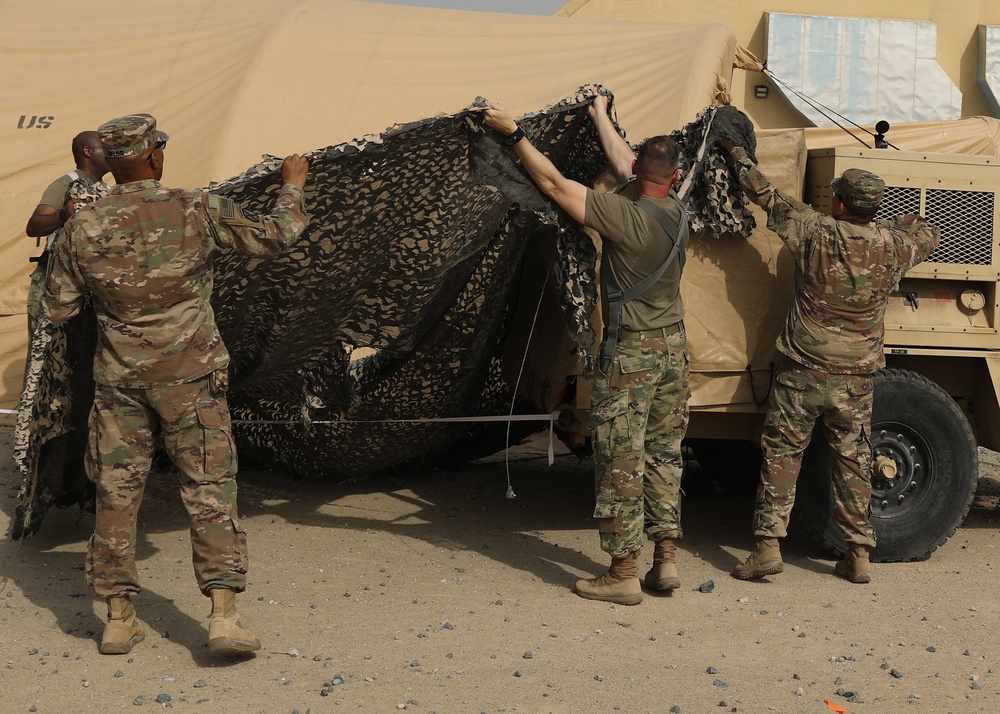 Army Reserve Soldiers deployed to Camp Arifjan set up Early Entry Command Post