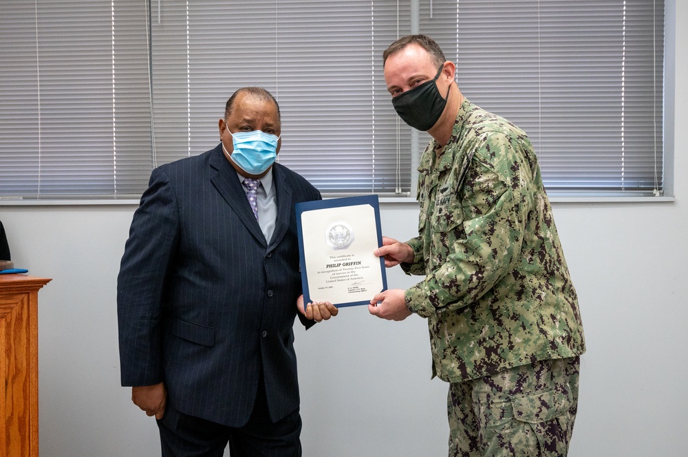 MA1 Damon Harris end-of-tour award ceremony; Civilian length-of-service award ceremony