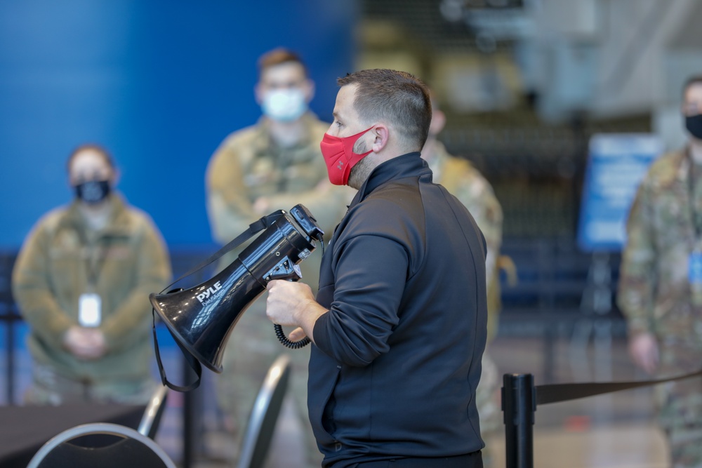 U.S. Air Force Airmen conduct operations walkthrough of Ford Field Community Vaccination Center