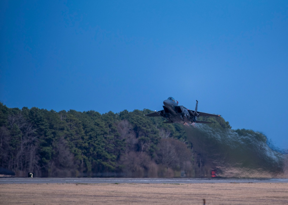 333rd Fighter Squadron F-15E Strike Eagle Aircrew members take off