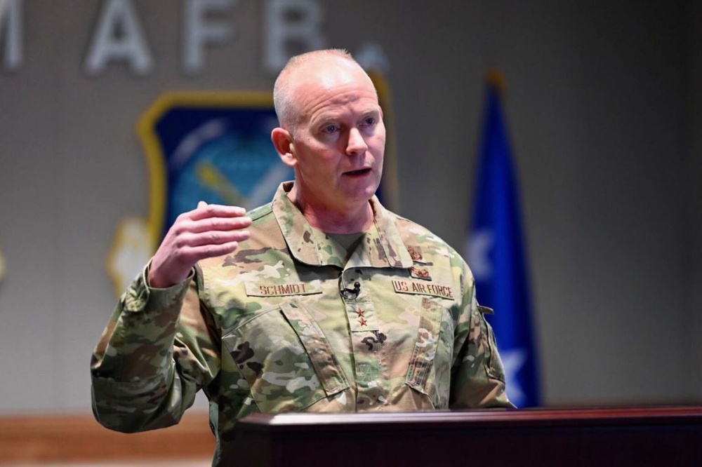 Maj. Gen. Michael Schmidt speaks during AFCEA New Horizons 2021